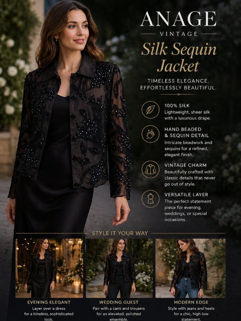 Womens Vintage Silk Sequin Jacket Black Sheer Beaded Evening Formal L Whimsigoth